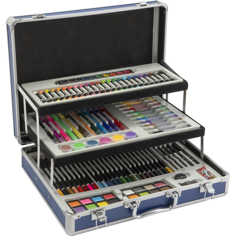 Kovový rozkládací malířský kufřík – kompletní výtvarný set 140 ks
