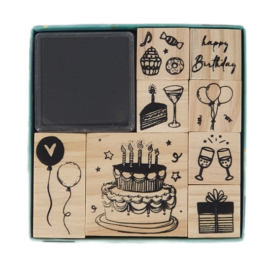 Narozeniny - gumová razítka na dřevě sada (8ks)
