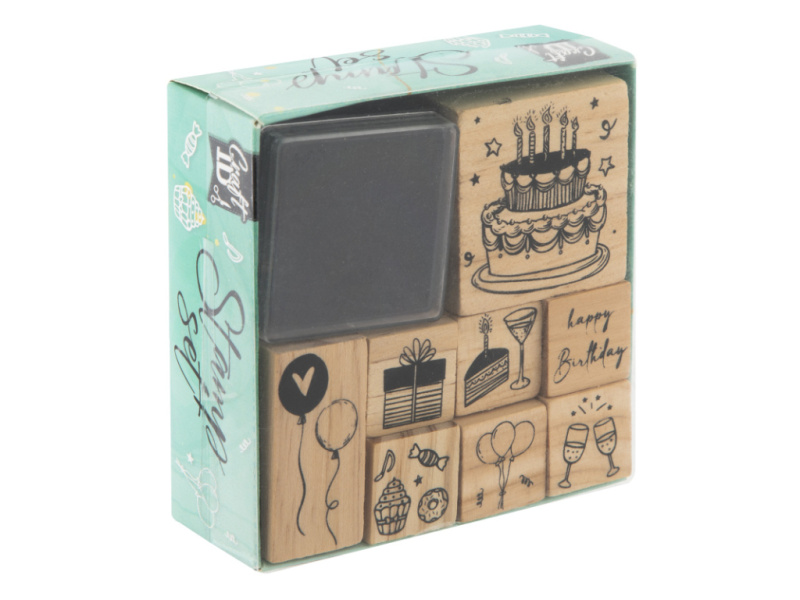 Narozeniny - gumová razítka na dřevě sada (8ks)