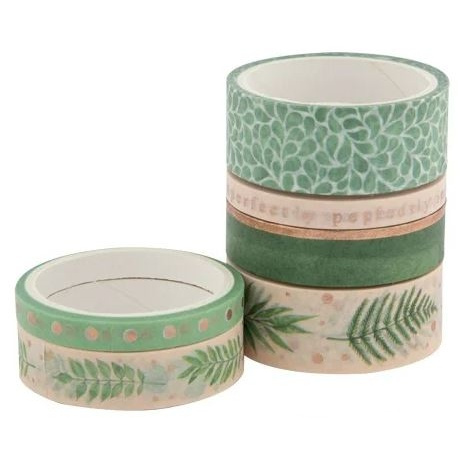 Samolepicí papírová washi páska sada - zeleno béžové se vzory (6ks)