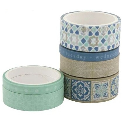 Samolepicí papírová washi páska sada - zeleno modré se vzory (6ks)