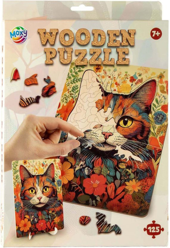Dřevěné puzzle Moxy se stojánkem Kočka 125 dílků