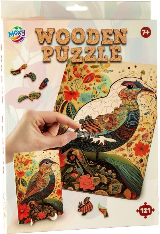 Dřevěné puzzle Moxy se stojánkem Ptáček 121 dílků