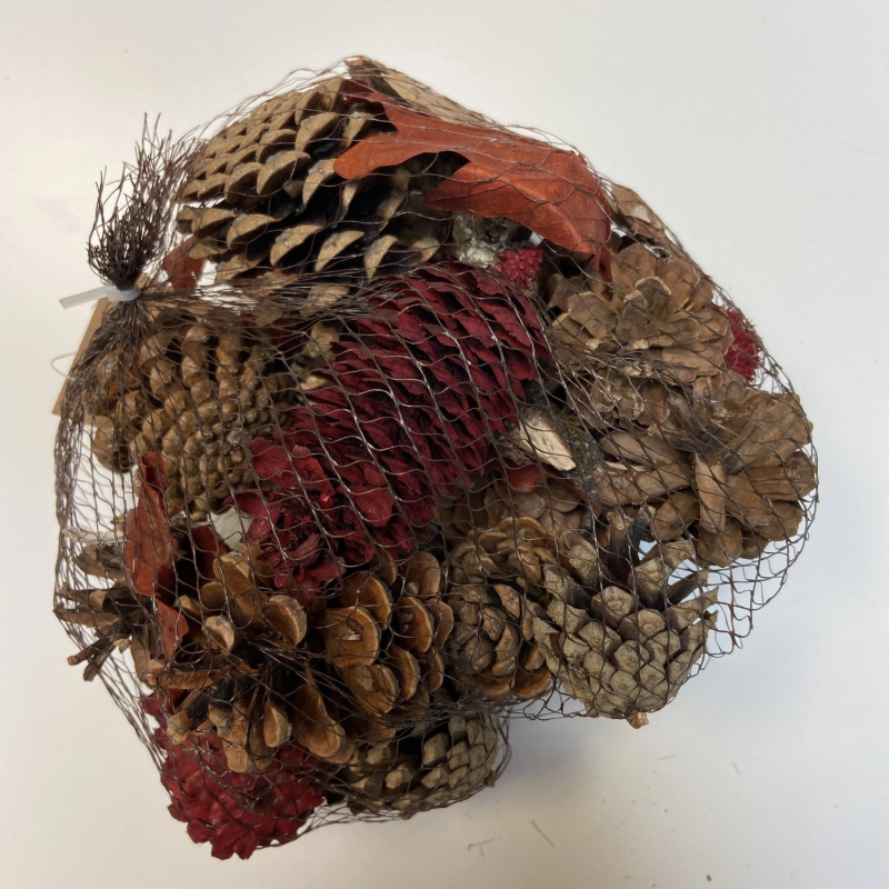 Mix sušených dekorací se šiškami v síťce, červená