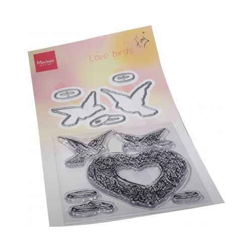 Svatba a hrdličky - vyřezávací kovové šablony (5ks) a silikonová gelová razítka (6ks)