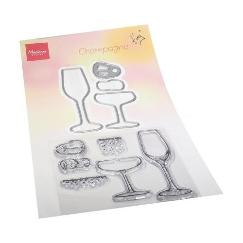 Skleničky a šampaňské - vyřezávací kovové šablony (4ks) a silikonová gelová razítka (6ks)