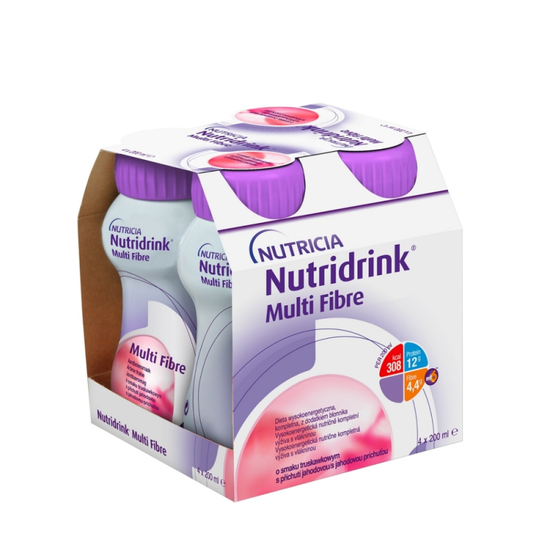NUTRIDRINK MULTI FIBRE S PŘÍCHUTÍ JAHODOVOU perorální roztok 4X200ML