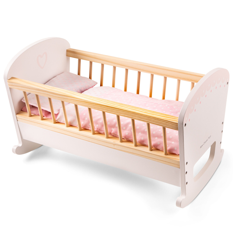 New Classic Toys Dřevěná kolébka pro panenky s matrací polštářem a přikrývkou
