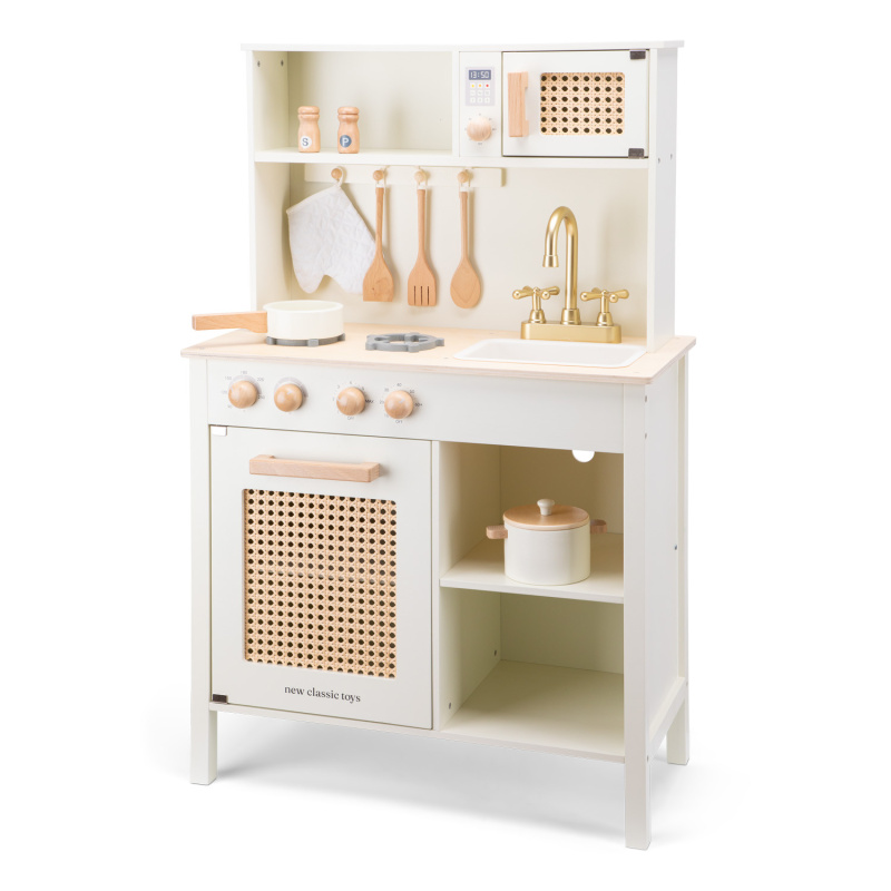New Classic Toys Dřevěná kuchyňka - bílá s ratanovými detaily