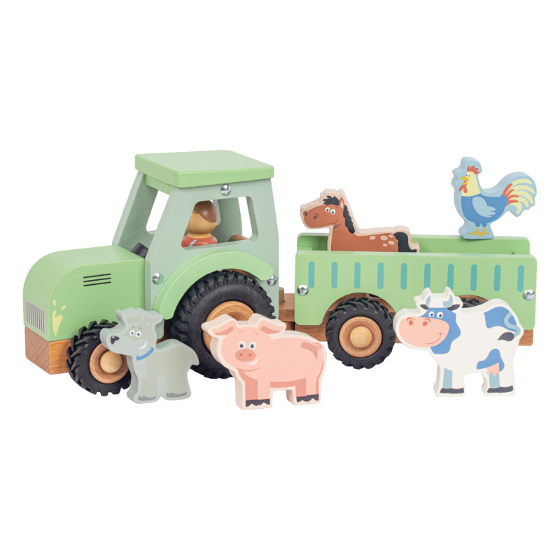 New Classic Toys Dřevěný traktor s přívěsem a 5 zvířátky 11936