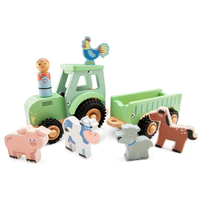 New Classic Toys Dřevěný traktor s přívěsem a 5 zvířátky 11936