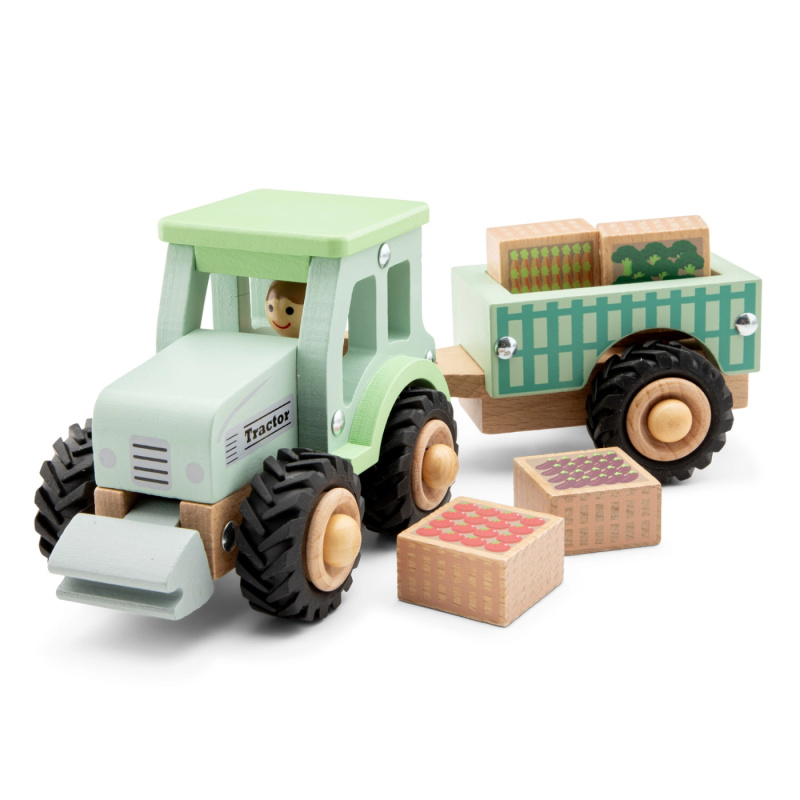 New Classic Toys Dřevěný traktor s přívěsem a zeleninou 11944