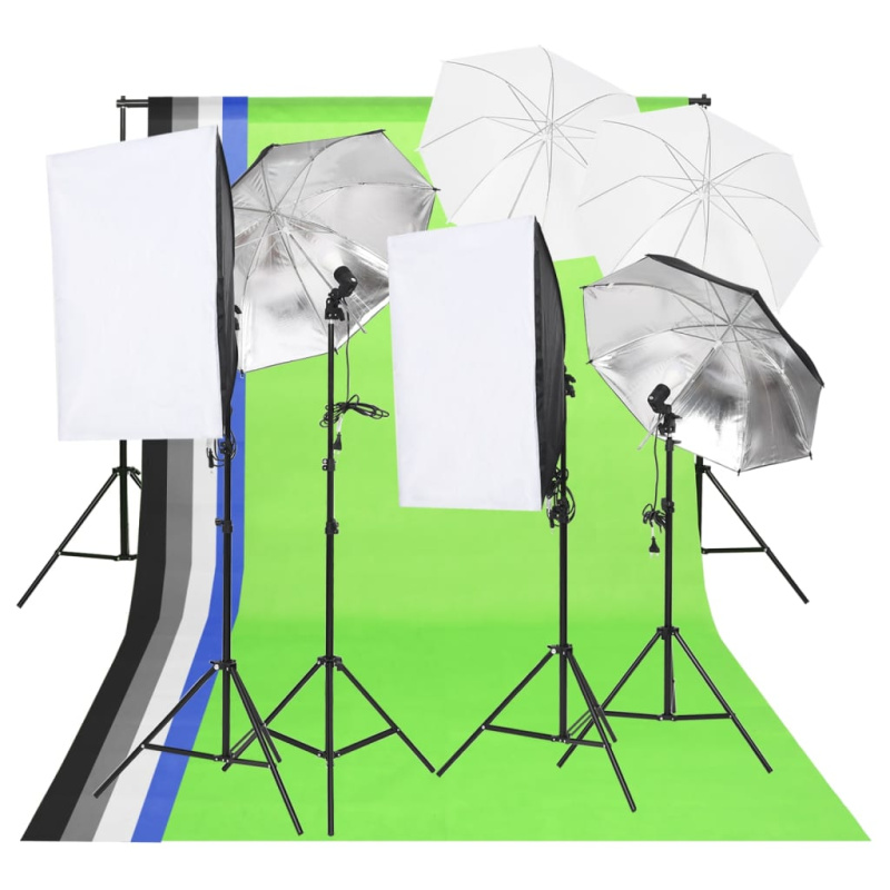 Sada Světel Do Fotoateliéru - 2 backdrop frame stands   2 backdrop frame crossbar segments   5 backdrops   2 softboxes   2 tripod stands for softbox   4 daylight bulbs   1 5-in-1 reflector   2 white umbrellas   2 black umbrellas   2 tripod stands for umbr