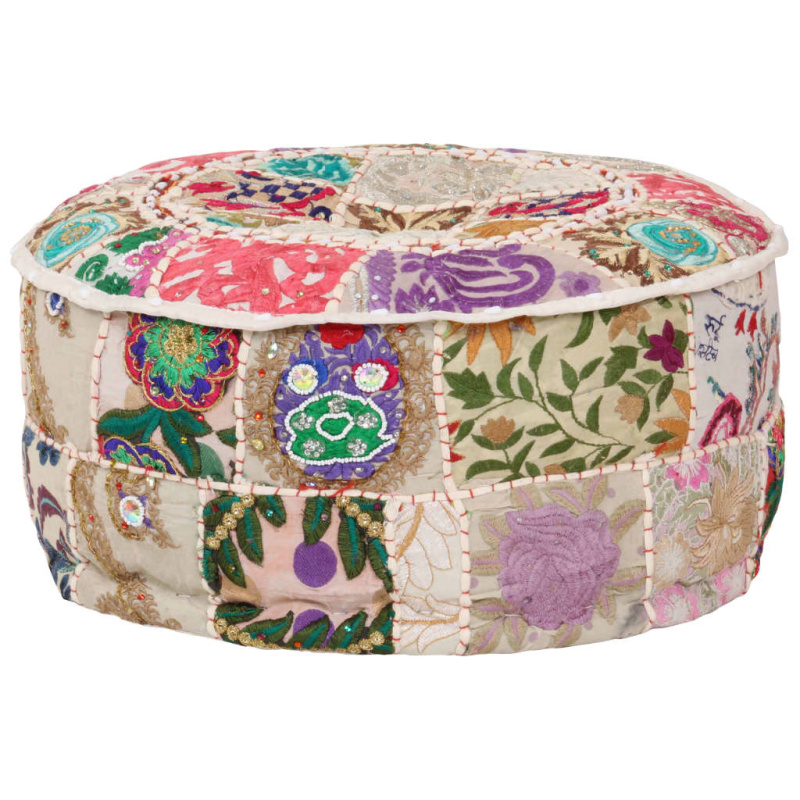 Sedací Puf Patchwork Kulatý Bavlna Ruční Výroba 40X20 Cm Béžový - Červená