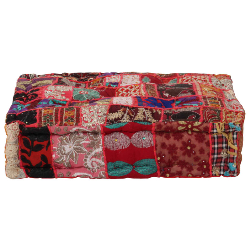 Sedací Puf Patchwork Čtverec Ručně Vyrobený 50X50X12 Cm Červený - Zelená