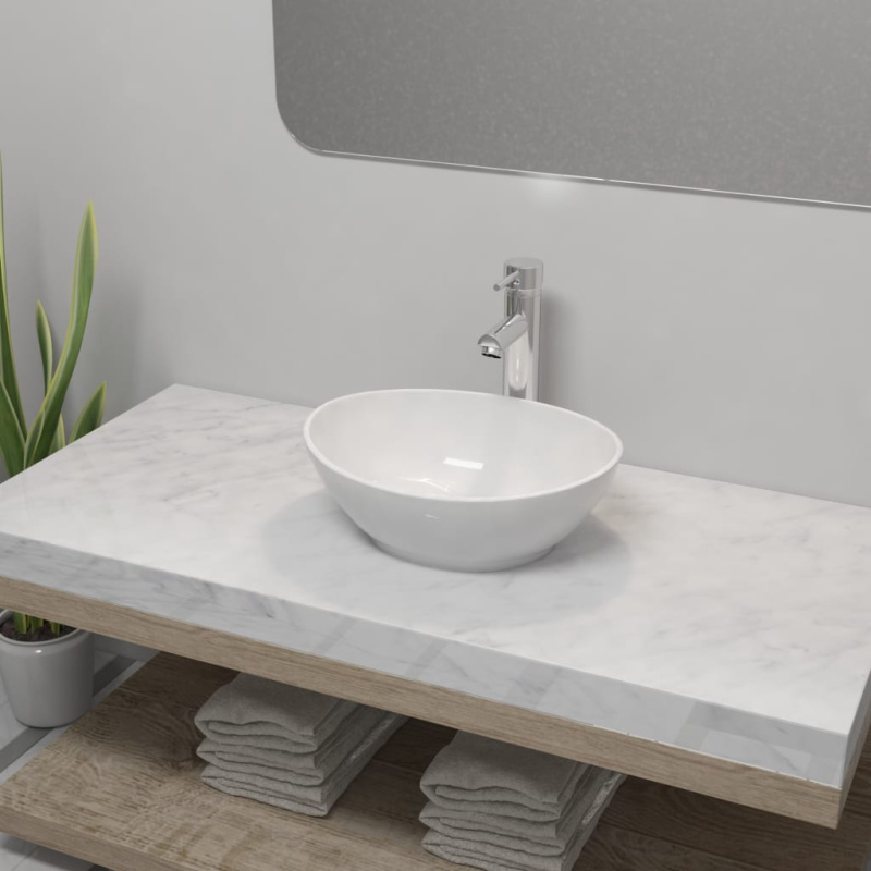 Umyvadlo Do Koupelny S Vodovodní Baterií Keramické Oválné Bílé - 710 x 380 x 135 mm
