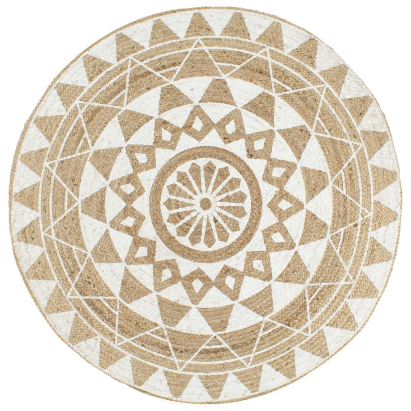 Ručně Vyrobený Koberec Z Juty S Bílým Potiskem - geometrický vzor / 150 cm