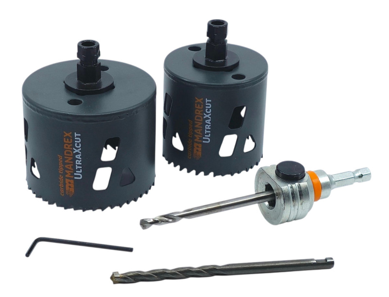 Mandrex | UltraXcut TCT – sada  Ø 68 / 83 mm se středicím vrtákem a unašečem