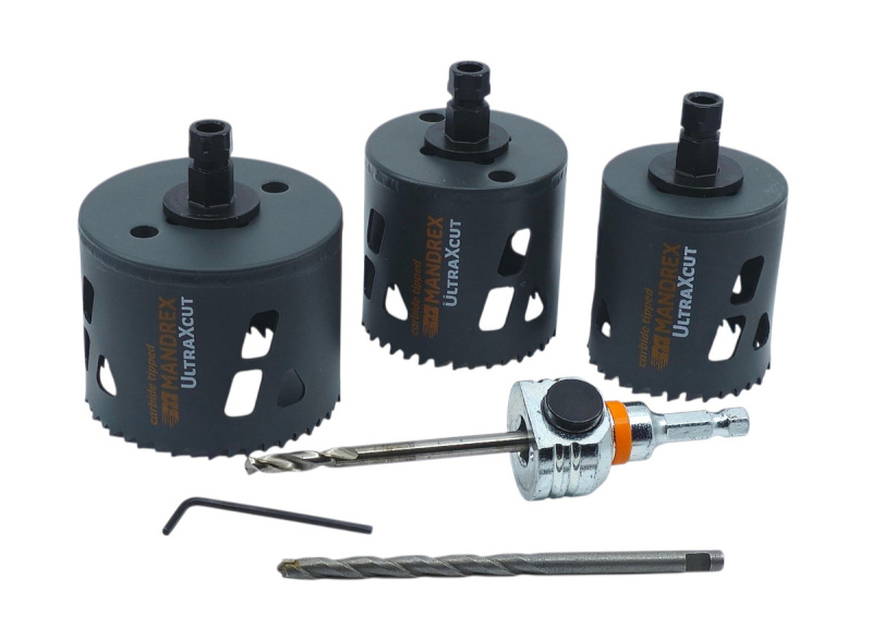 Mandrex | UltraXcut TCT Ø 60/68/83 mm – vrtací korunky se středicím vrtákem a unašečem