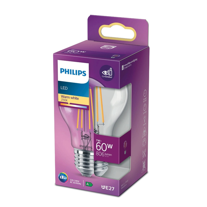 Philips Classic LED žárovka E27, 7 W, 806 lm, 2700 K, čirá
