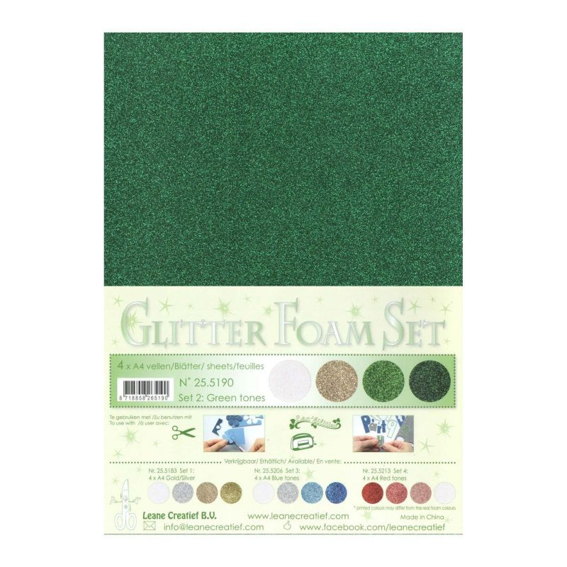 Speciální pěnová guma LEANE na výrobu květin A4 - glitter zelená/bílá/zlatá - 4 ks