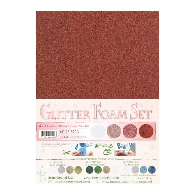 Speciální pěnová guma LEANE na výrobu květin A4 - glitter červené tóny - 4 ks