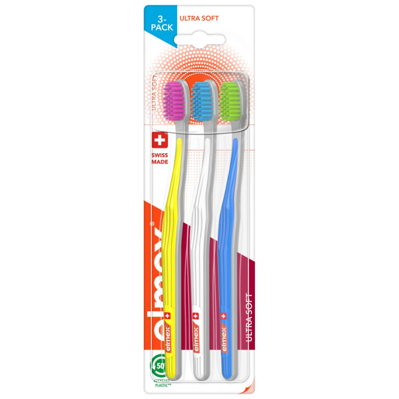 Elmex Swiss Made zubní kartáčky ultra soft Yellow + Blue + White 3 ks