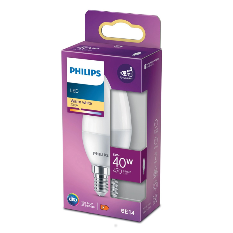 Philips Classic LED žárovka E14, 5 W, 470 lm, 2700 K, tvar svíčky