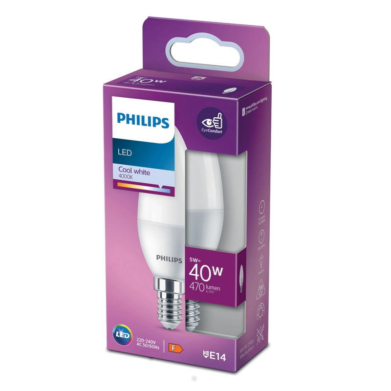 Philips Classic LED žárovka E14, 5 W, 470 lm, 4000 K, tvar svíčky