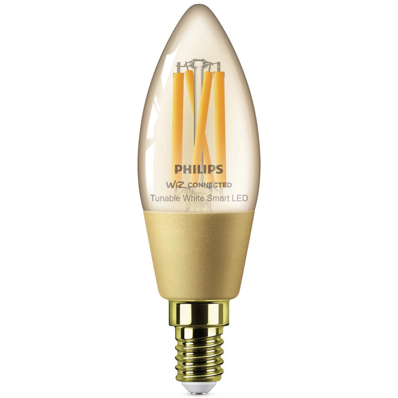 Philips Chytrá LED žárovka Filament E14 C35, 4,9W, 370lm, 2000-5000K, jantarová