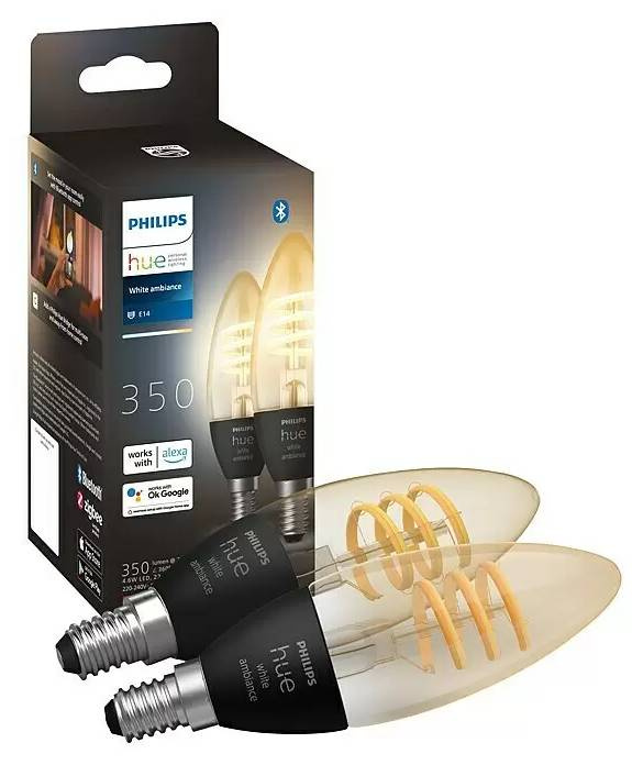 LED žárovka Philips Hue Filament Classic White Ambiance / spirálové vlákno / 2 kusy / E14 / 350 lm / nastavitelná teplota barev / ZigBee / Bluetooth …