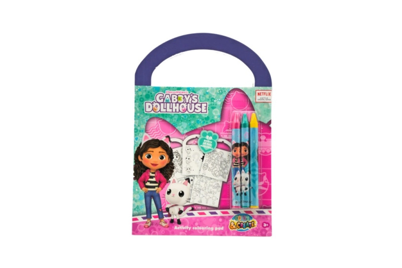 kreativní omalovánkový sešit s úkoly a voskovkami GABBY’S DOLLHOUSE