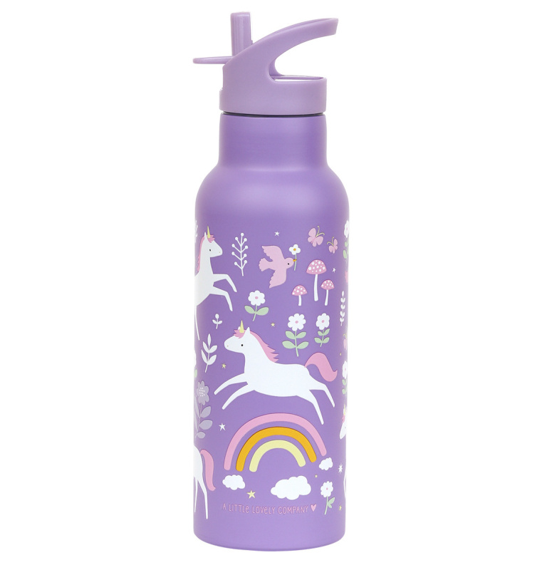 A Little Lovely Company Nerezová lahev na pití 500 ml – Jednorožci a duha