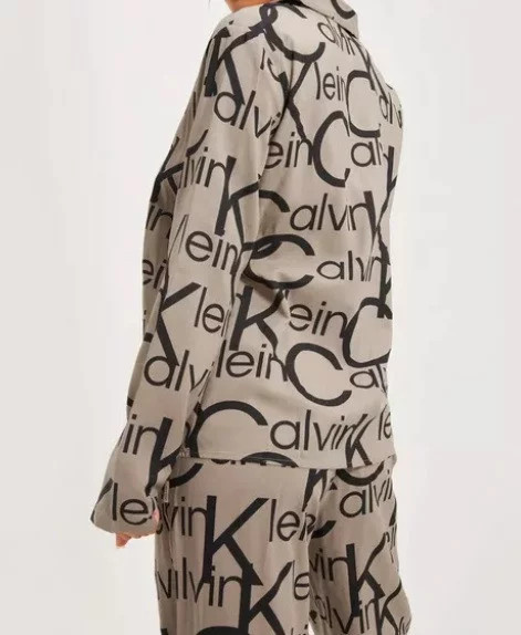 Dámský vrchní díl pyžama QS6848E 5VM béžová/černá - Calvin Klein béžová s černou L