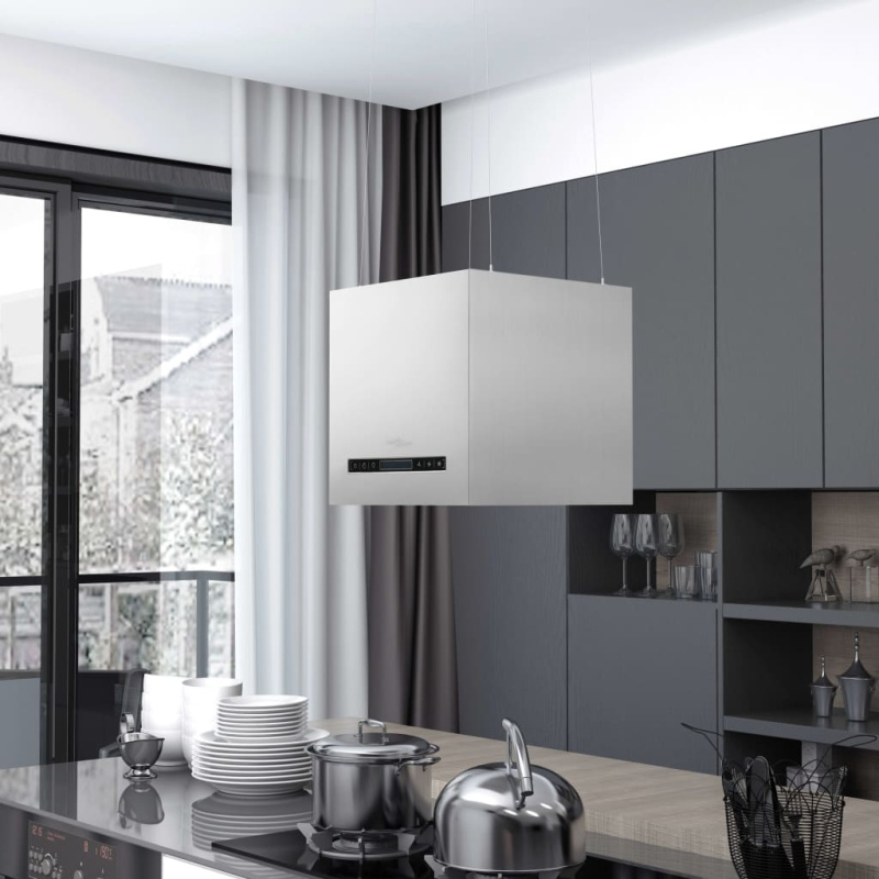 Závěsná ostrůvková digestoř dotykový LCD 55 cm práškovaná ocel