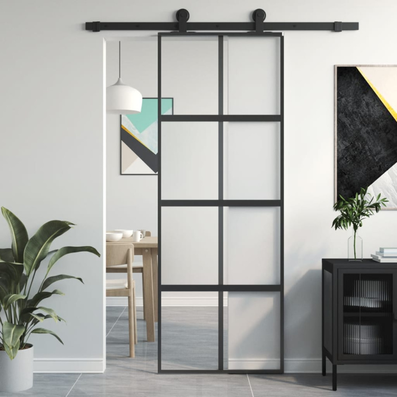 Posuvné Dveře Černé Tvrzené Sklo A Hliník Černá - Mléčné / 102.5 x 205 cm