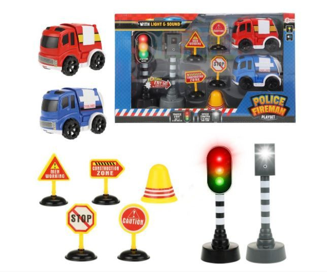 Auto 2 ks policie, hasiči + semafor, radar, značky na baterie se zvukem se světlem