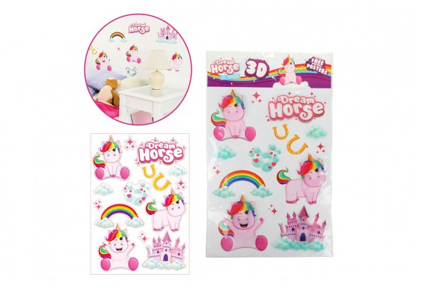 Teddies Samolepky na zeď jednorožec XXL 3D v sáčku 38x63cm