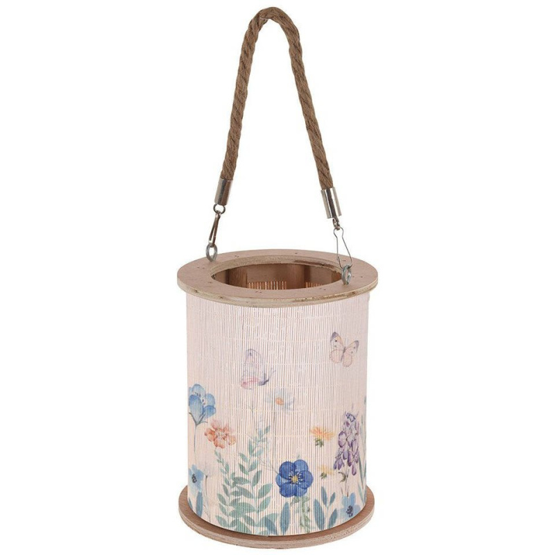 Home Styling Collection Bambusová lucerná s lánovém úchytem, O 17 x 21,5 cm, květinový vzor béžový 62248