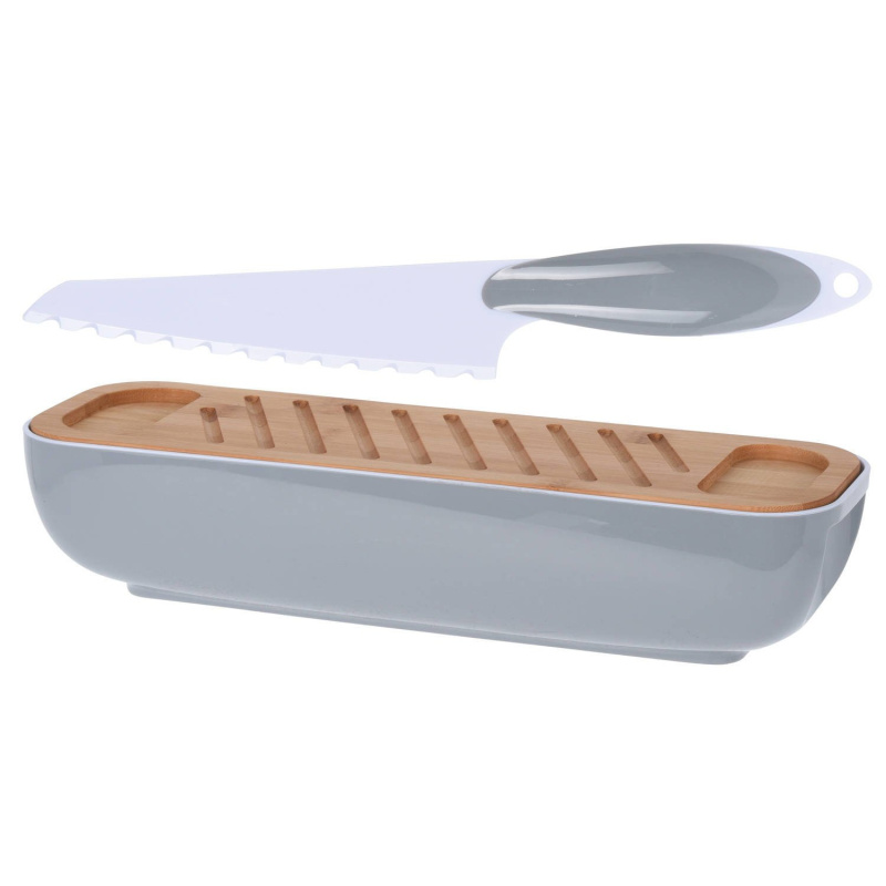 EH Excellent Houseware Chlebník z dřevěným víkem, nůž v sadě, barva světle šedá šedá