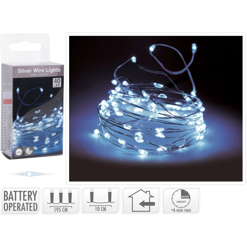 LED světelný drát 40 LED studená bílá barva, na 2 baterie, 210 cm, stříbrný