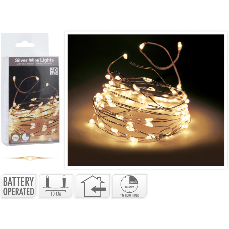 LED světelný drát 40 LED teplá bílá barva, na 2 baterie, 210 cm, stříbrný