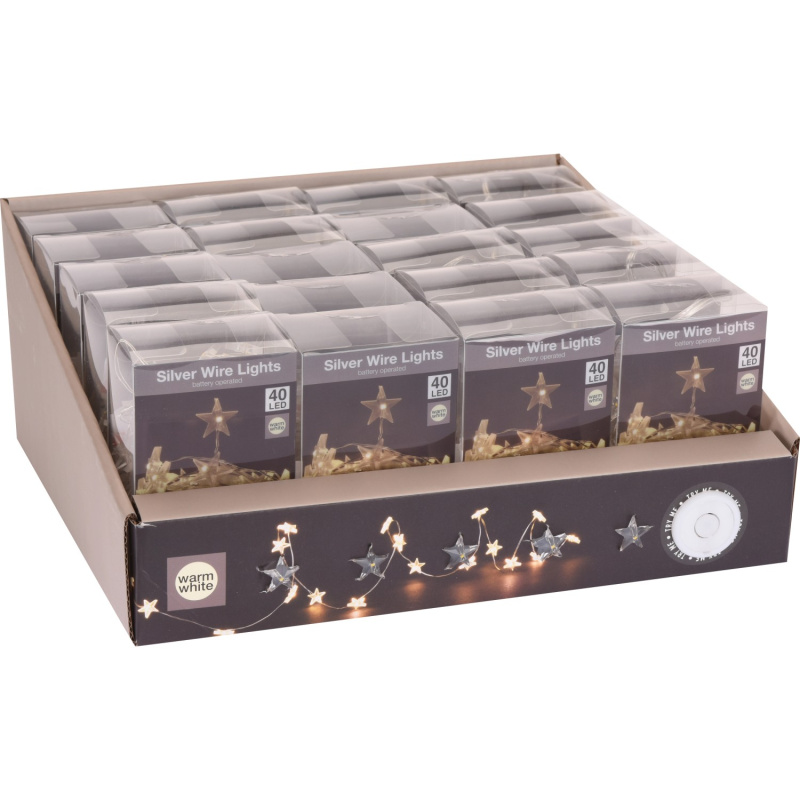 LED světelný řetěz s hvězdami 40 LED teplé bílé barvy stříbrný drát vnitřní