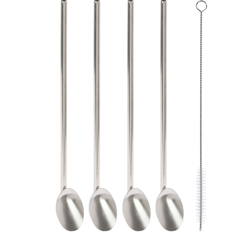 EH Excellent Houseware Kovová brčka s lžičkovým zakončením, 4 kusy + čistič šedá