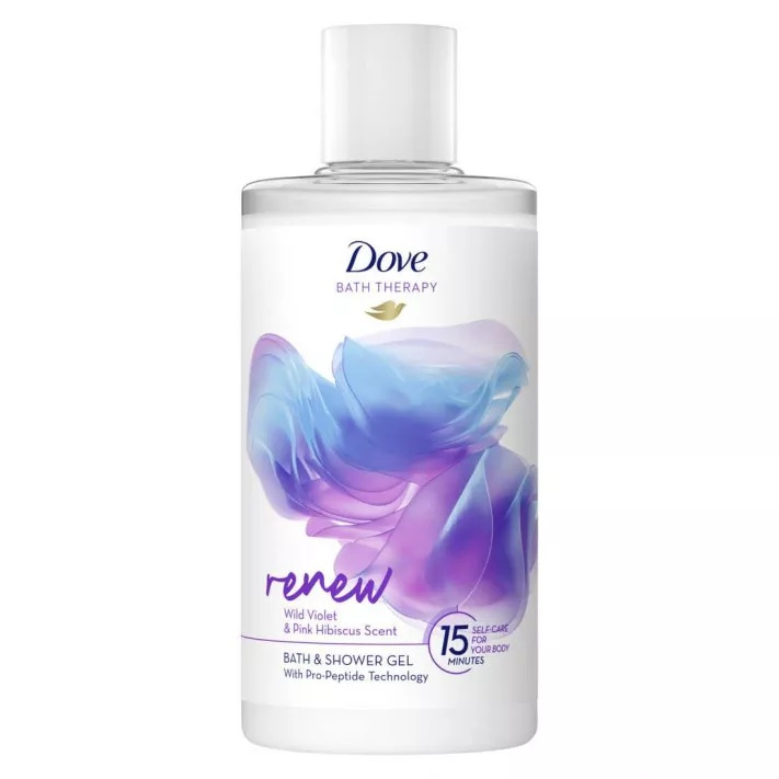 Dove Bath Therapy Renew sprchový a koupelový gel Wild Violet & Pink Hibiscus 400 ml
