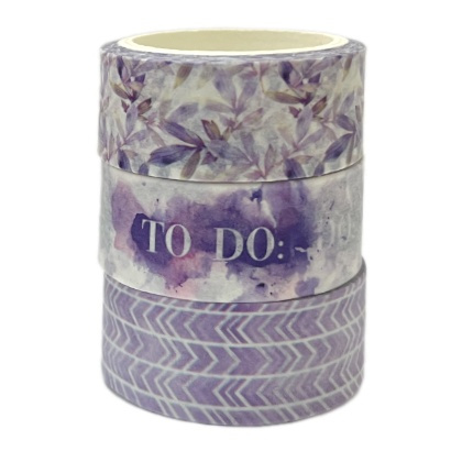 Samolepicí papírová washi páska sada - fialová se vzory (3ks)