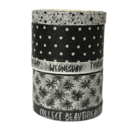 Samolepicí papírová washi páska sada - černé se vzory (5ks)