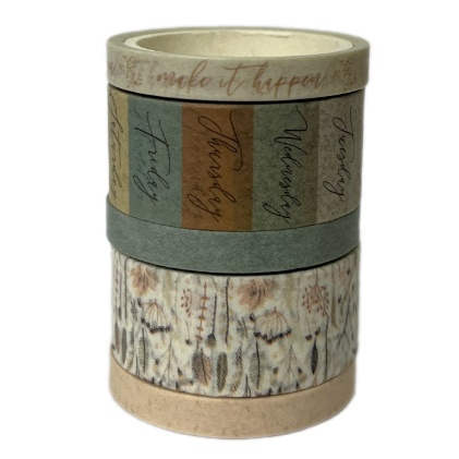 Samolepicí papírová washi páska sada - zeleno béžové se vzory (5ks)