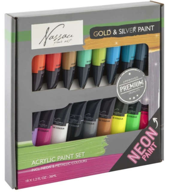 Akrylové barvy neonové a metalické sada (18x36ml)