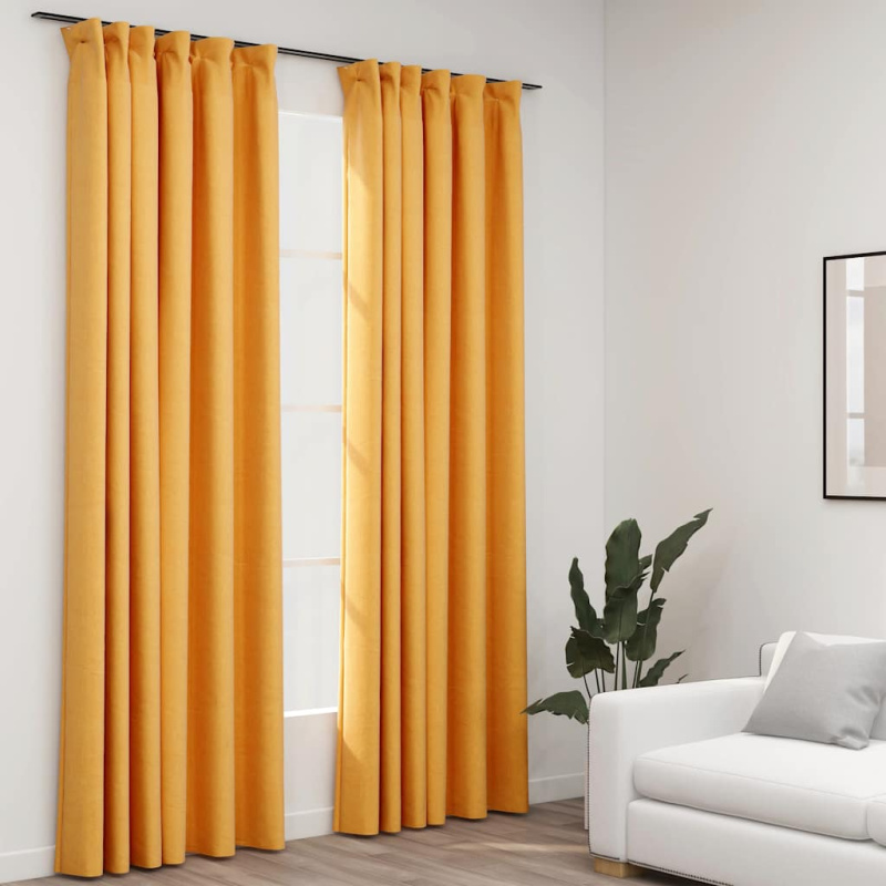 Zatemňovací Závěsy S Háčky Vzhled Lnu 2 Ks Žluté - Taupe / 140 x 175 cm